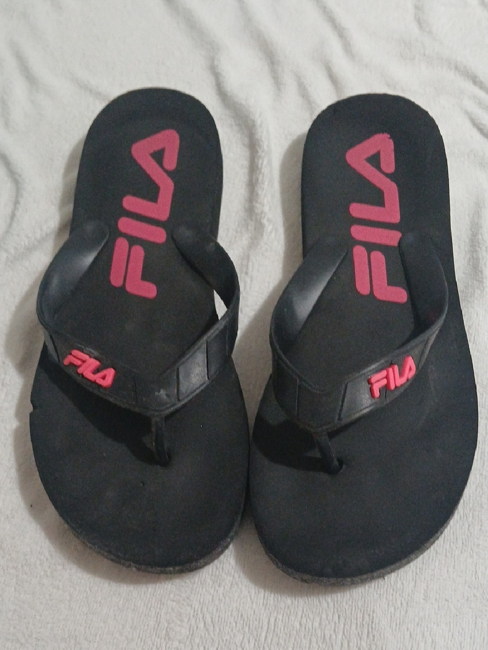 Fila Black Flip Flops with Pink Logo Accents